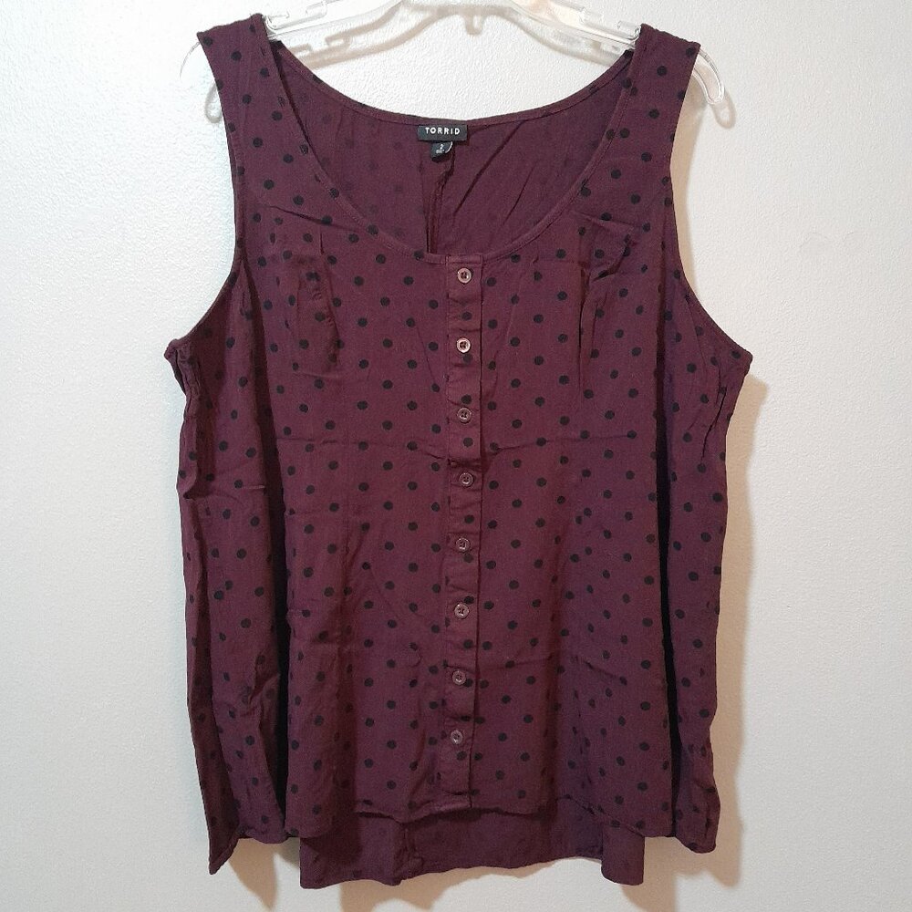 Torrid Fit Flare Stretch Challis Button Front Tank Burgundy Black Polka Dots 2X - Picture 3 of 7